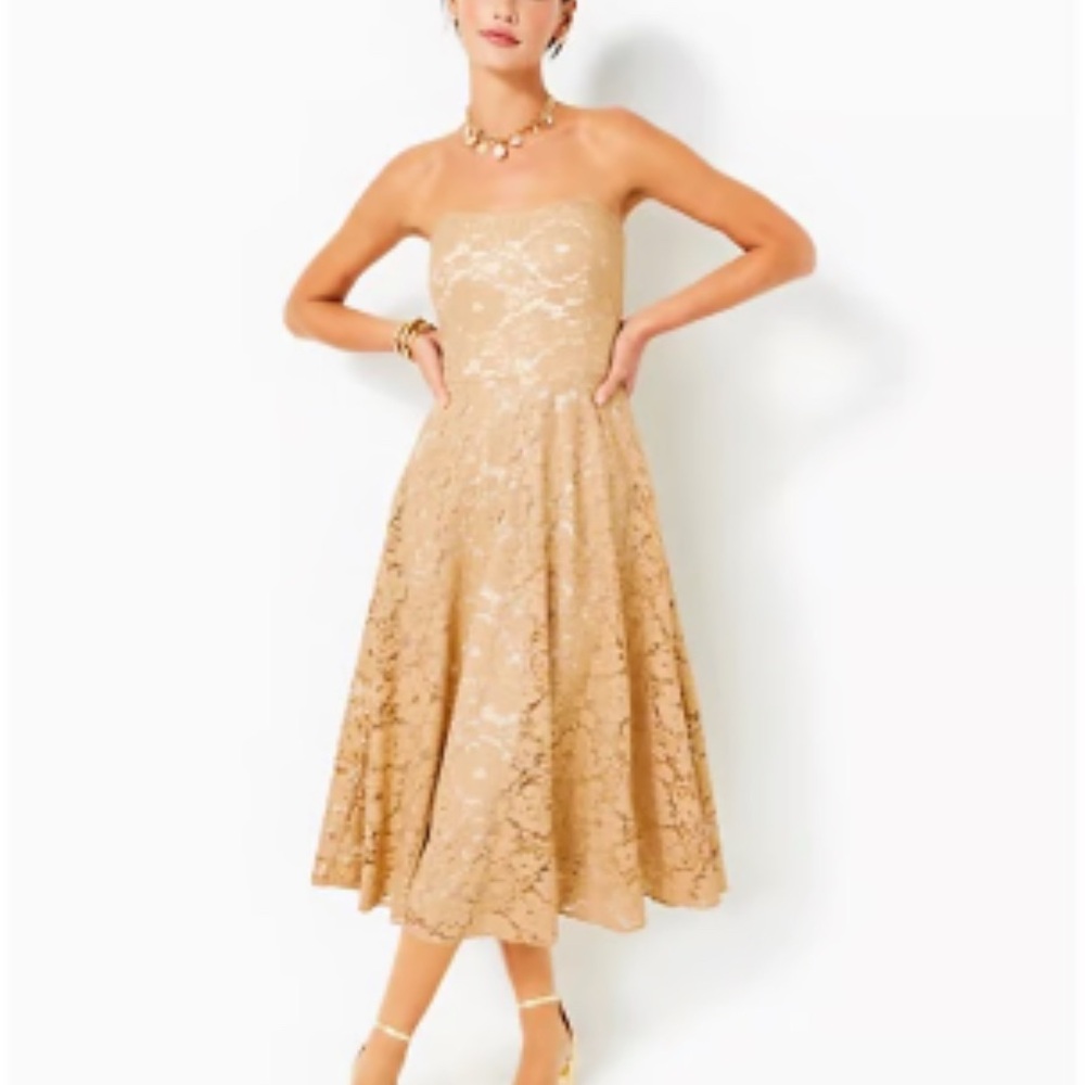 Lilly Pulitzer Aubrianna Strapless Lace Dress in Gold
